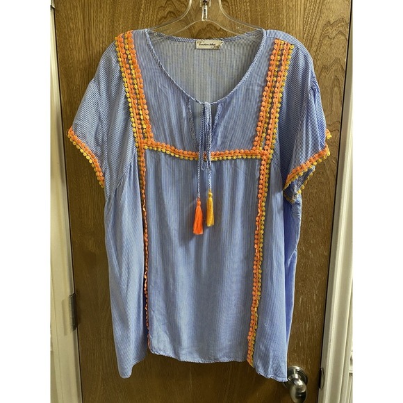 Southern Stitch Blue White Striped Top Orange Yellow Embroidery, Tassels Sz XXL - Picture 1 of 15